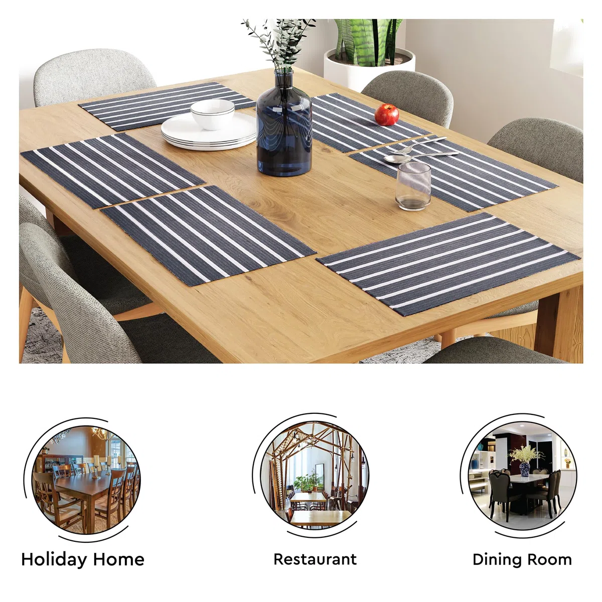 Encasa XO Juego de Manteles Individuales para Mesa de Comedor Set de 6 | Color Roma Gris Rayas | Mantel de Algodón Acanalado Fino | Tamaño 48x32 cm | Lavable a Máquina