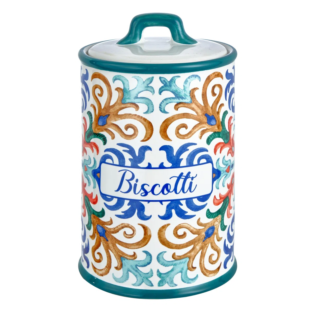 Baroni Home Bote de Cerámica Decorado para Galletas, Recipiente de Cocina con Tapa Hermética para Conservar el Aroma, Portacebollas en Polvo de Calidad, Línea Capri, 13x13x20 cm