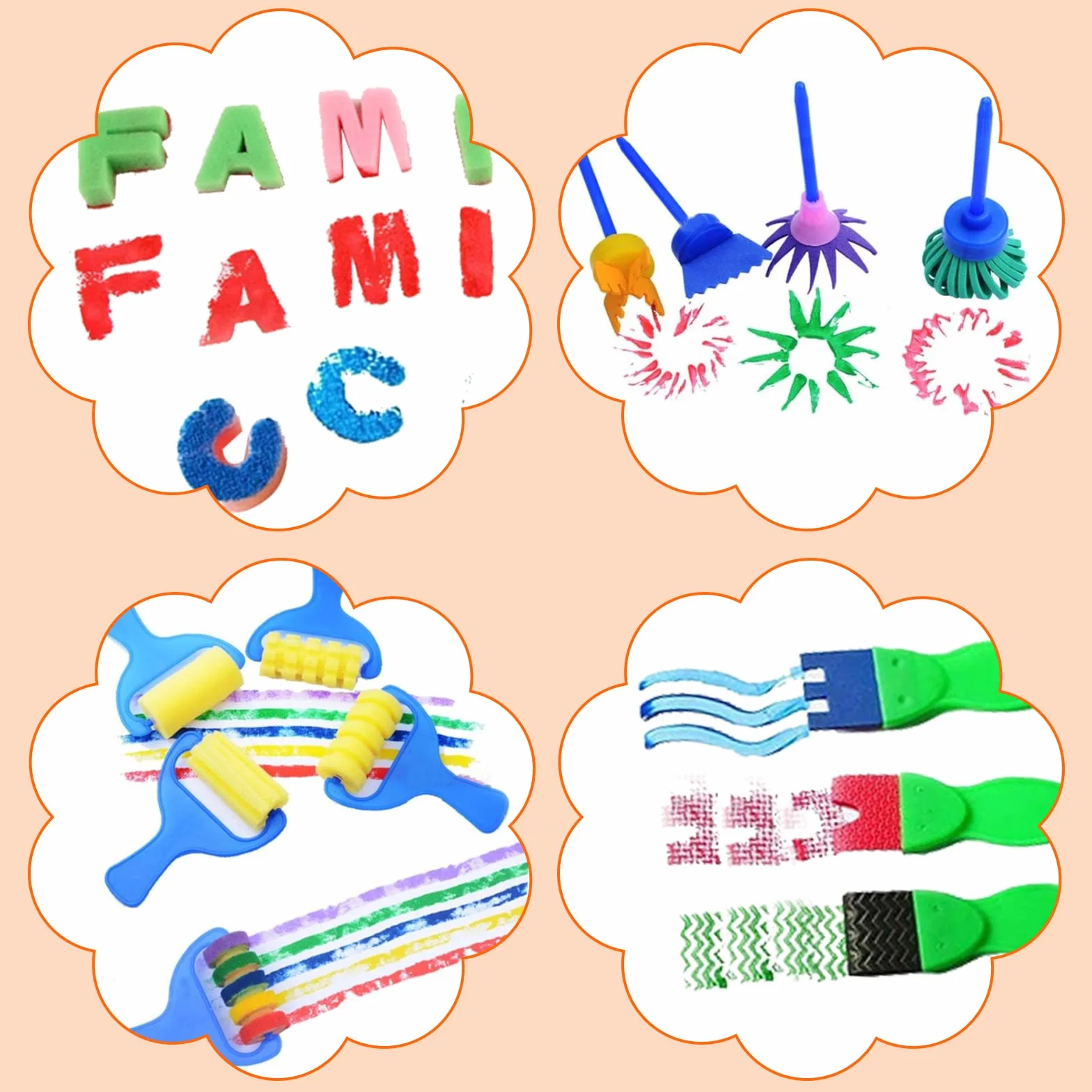 65 Piezas Niños Temprano Aprendizaje Esponja Pintura Cepillos Kit, para Niños Pintura DIY Artesanías, Incluye Pinceles de Esponja, Craft Pinceles y Delantal Impermeable con 3 Bolsillos