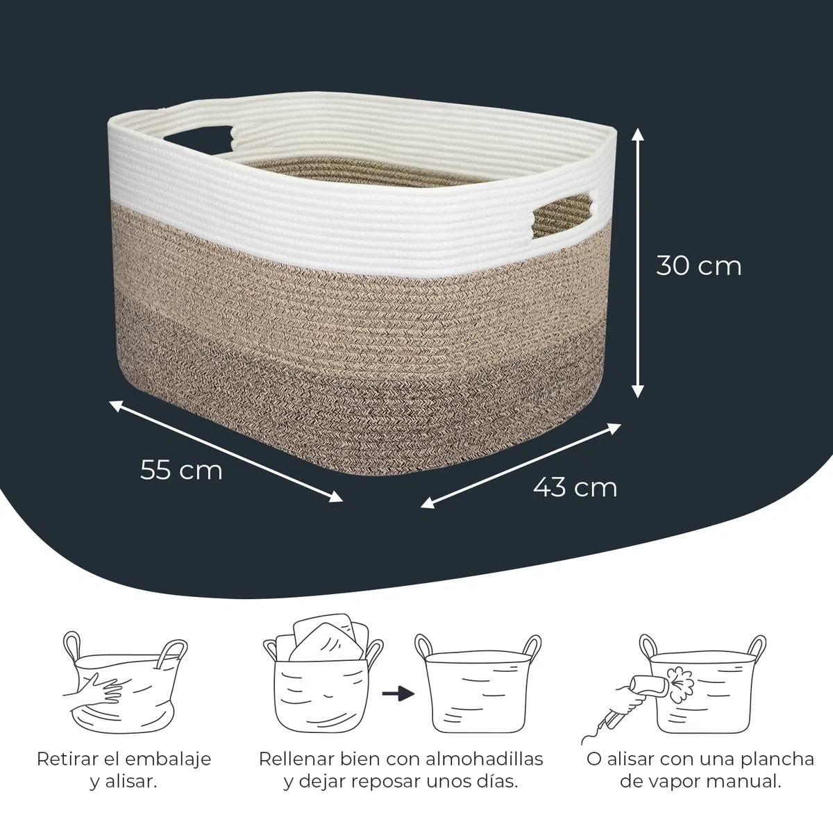 HMF XXL Cesto para la ropa de algodón, cesta de almacenamiento rectangular con asas | 55 x 43 x 30 cm | Blanco-Marrón