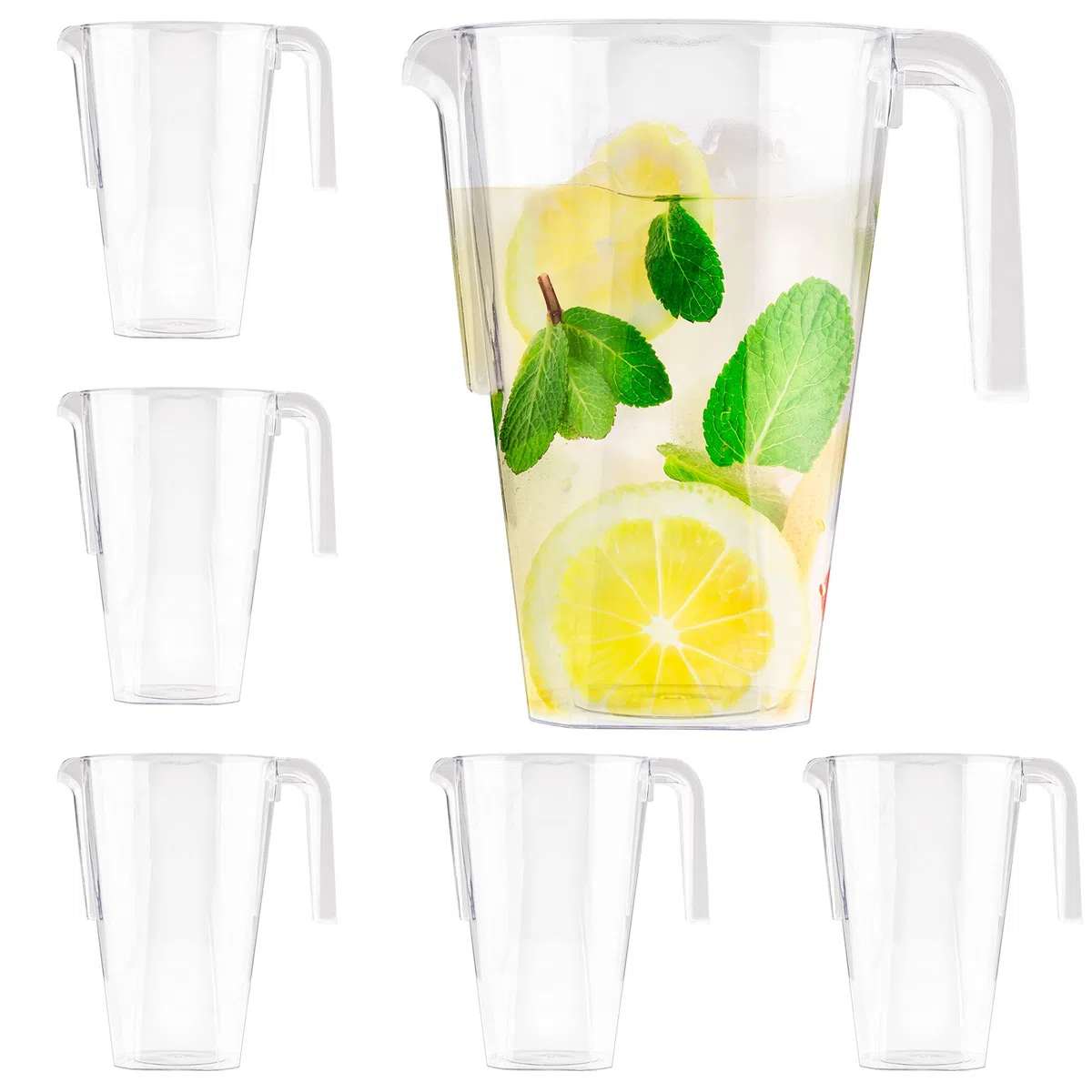 MATANA 6 Jarras de Plástico Transparente, 1,5L - Cócteles, Limonada, Ponche, Sangría, Cervezas y Más - Cumpleaños, Bodas, Navidad, Picnics, Barbacoas, Fiestas - Resistentes y Reutilizables
