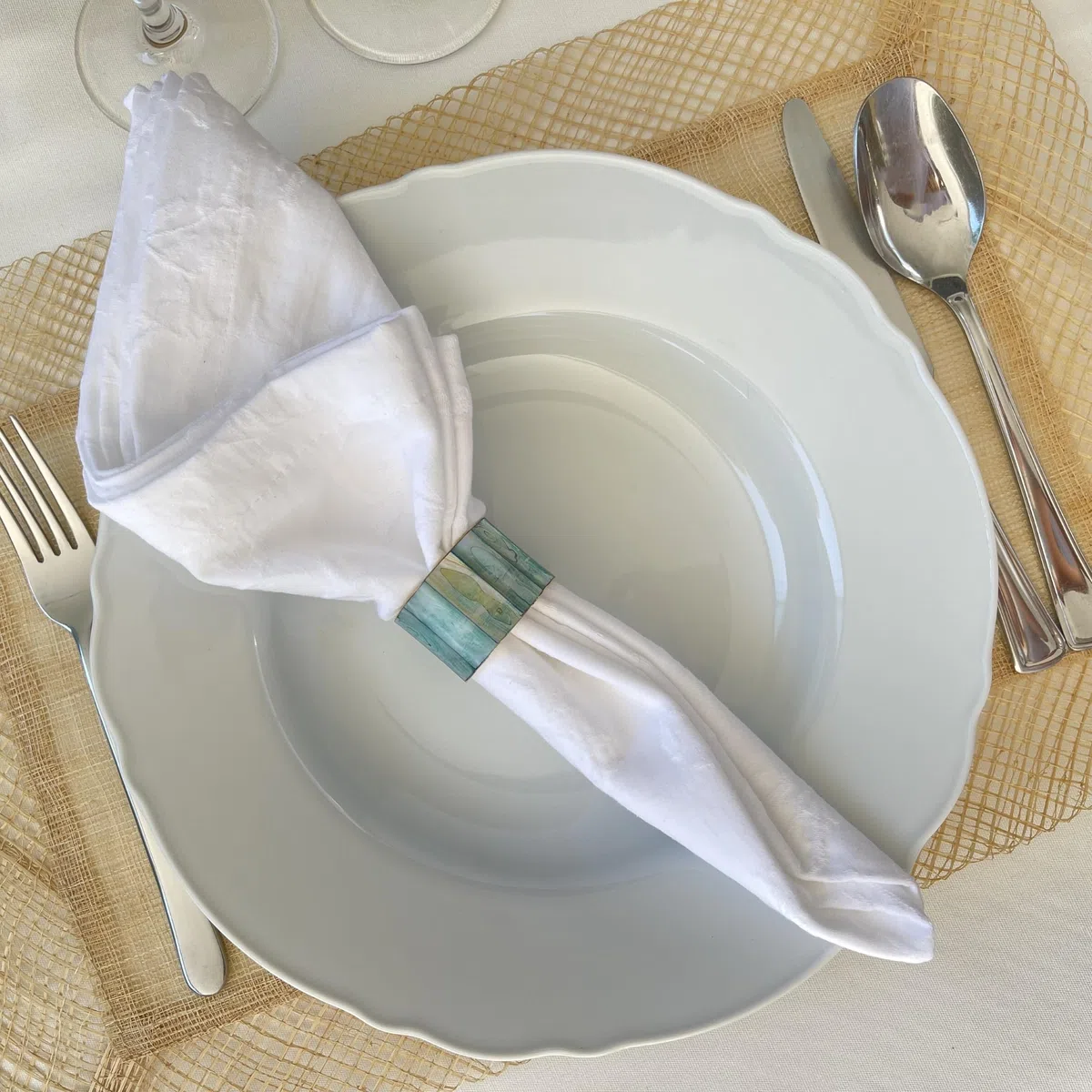 Servilleteros Dorados de Nácar Natural Azul Verdoso - Anillos para Servilletas Elegantes para Mesa Comedor Cocina - Servilleteros Decorativos Modernos (6)