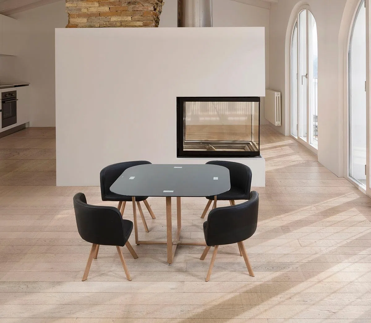 S & S Saldos y Stocks Mesa de Cristal Templado Teka + 4 Sillas. Comedor o Cocina Blanco 100x100 cm