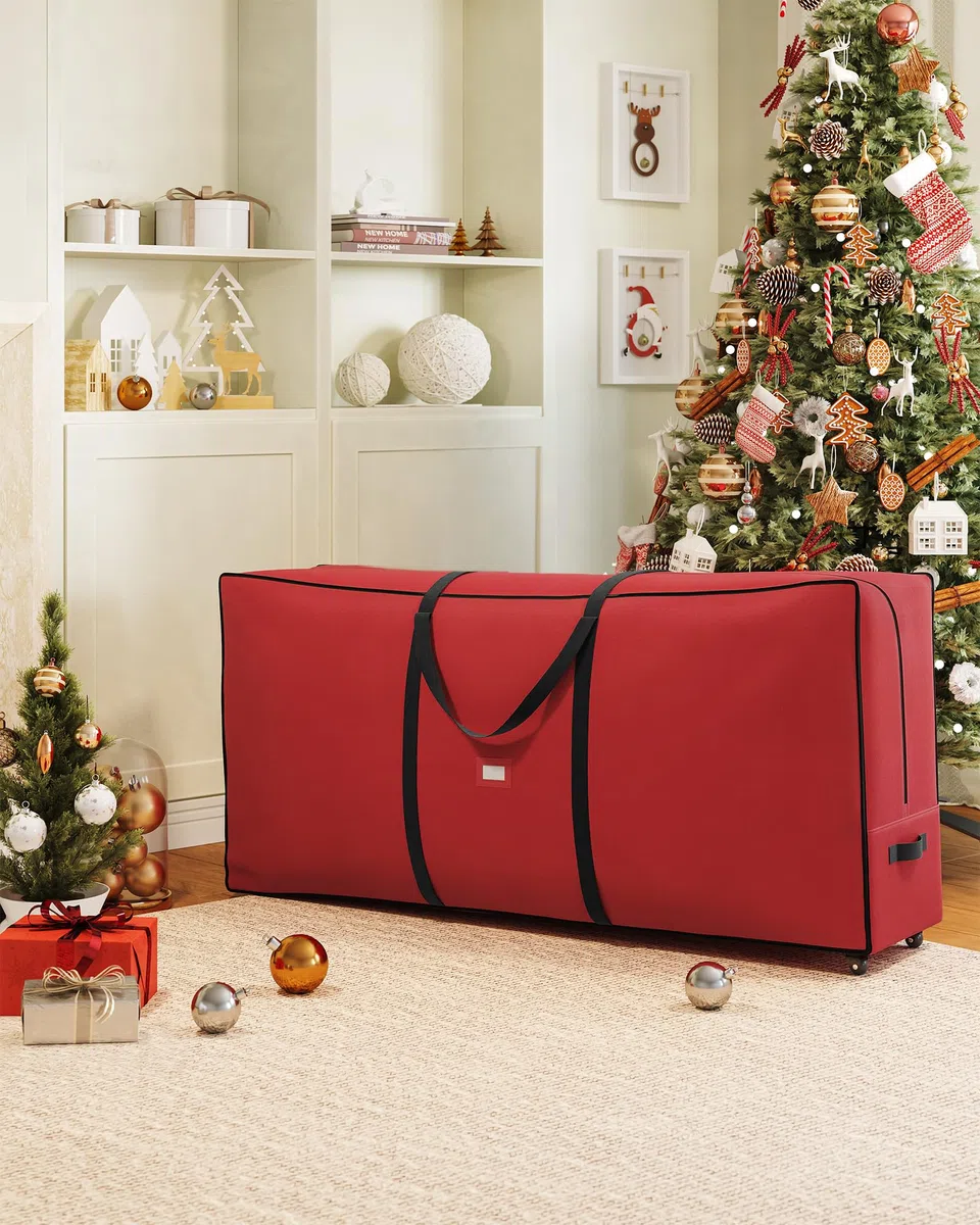 SONGMICS Bolsa de Almacenamiento para Árbol de Navidad con Ruedas de 40 mm, Bolsa Rodante, hasta 274 cm, para Árbol de Navidad Desmontado, Asas Ajustables, Tejido Oxford 600D, Rojo Cereza RXS004R01