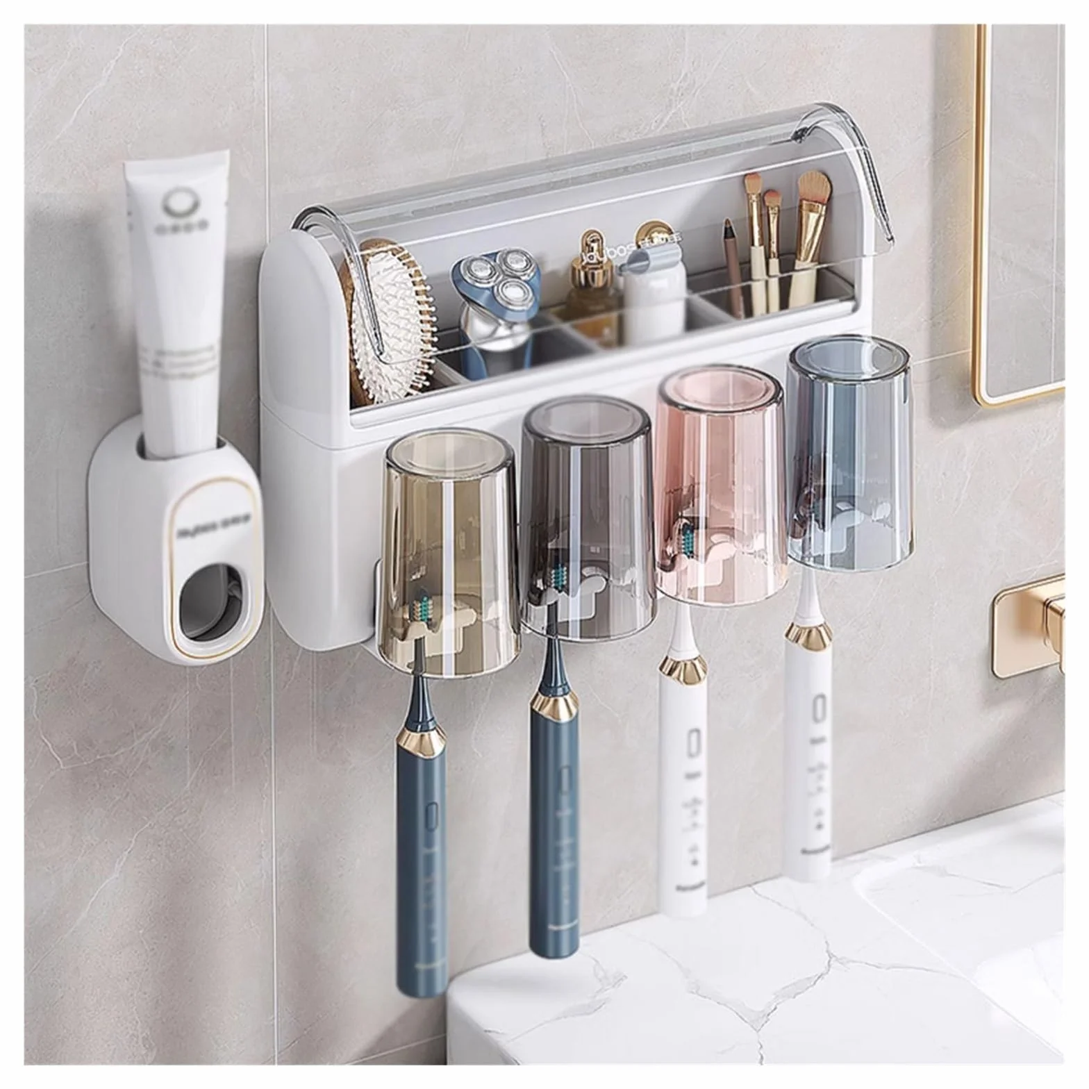 Soporte de Pared para cepillos de Dientes, Estante de Almacenamiento de cosméticos para baño con Tapa, Soporte para Pasta de Dientes sin perforación (A S24cm)