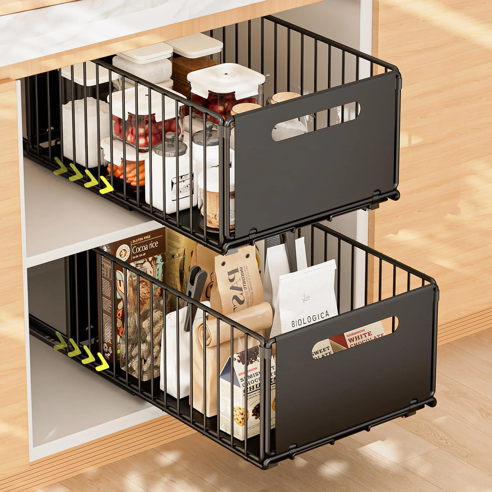 2 Piezas Cajón Telescópico Cajón de Cocina Extensible Desplegable Organizador De Gabinete Extraíble Fijo con Nano Película Adhesiva Cesta Deslizante para Cocina Sin Taladrar ni Clavar, L25*A38*H19 cm