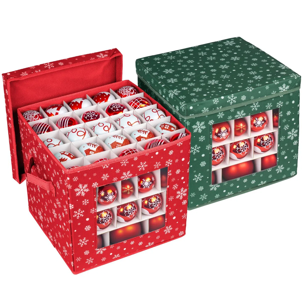 Anstore - Cajas de almacenamiento para bolas de Navidad con tapas, 2 piezas de decoración de Navidad con separadores ajustables, cubos de almacenamiento plegables de tela rojo y verde para