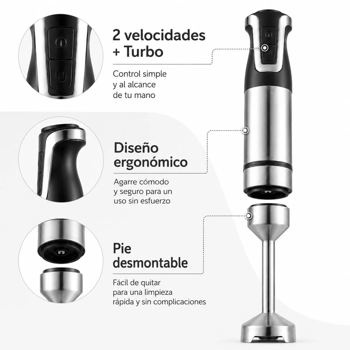 Batidora de Mano 1000W, Batidora Eléctrica con 2 Velocidades y Turbo, Pie Desmontable, Cuchillas de Acero Inoxidable, Diseño Ergonómico, Apta para Lavavajillas, Uso Diario para Sopas Purés y Salsa