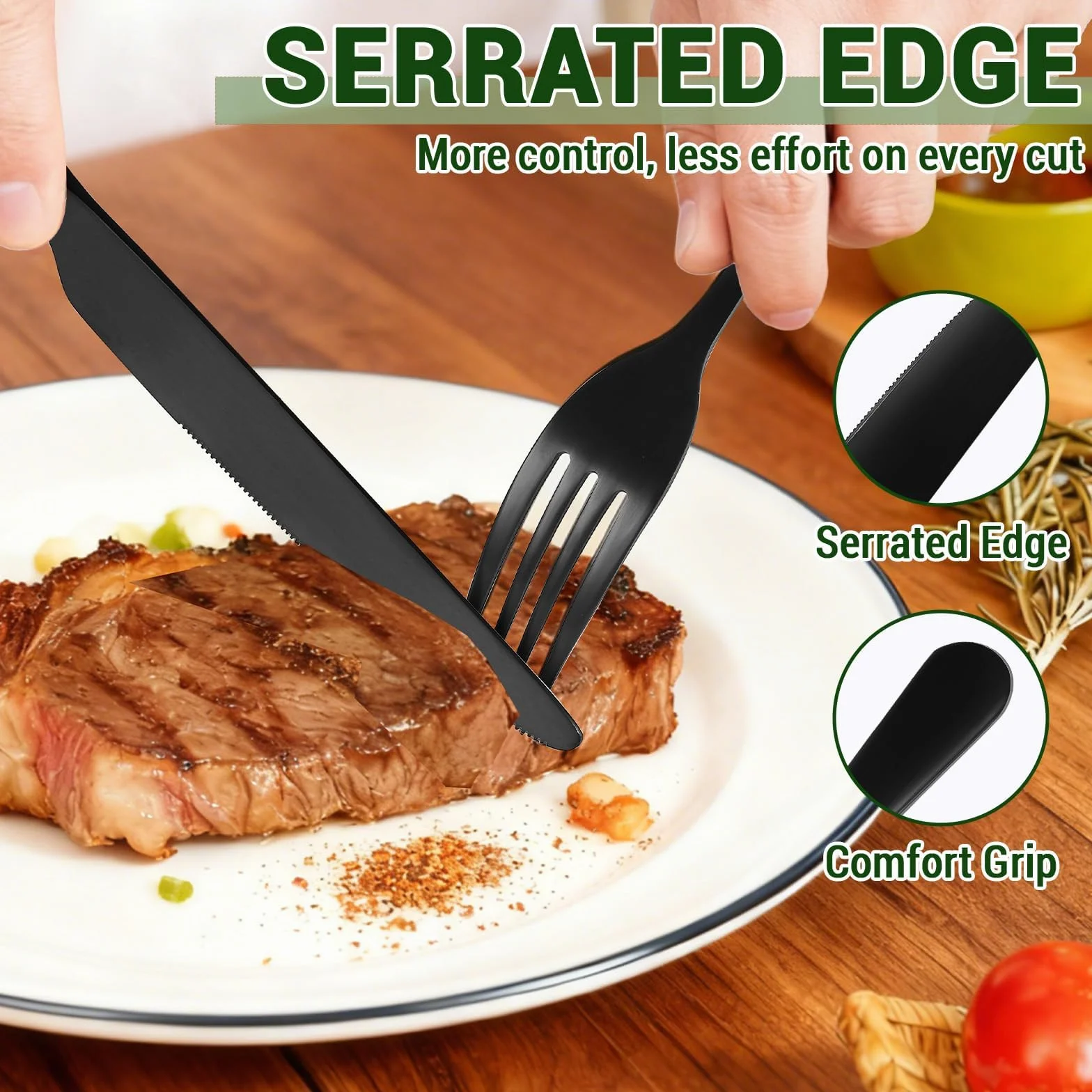 BEWOS Juego de cubiertos para 6 personas, juego de cubiertos negro mate de 30 piezas que incluye cuchillo, tenedor, cuchara, cubiertos de acero inoxidable, apto para lavavajillas