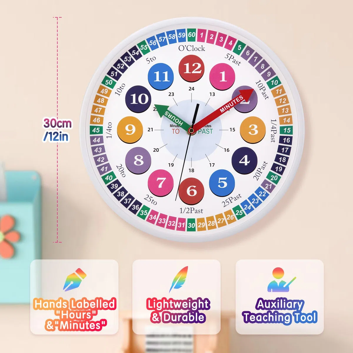 Reloj de Pared para Niños Reloj de Aprendizaje Reloj Infantil para Niños y Niñas Mecanismo Silencioso 30 CM para Habitación de los Niños