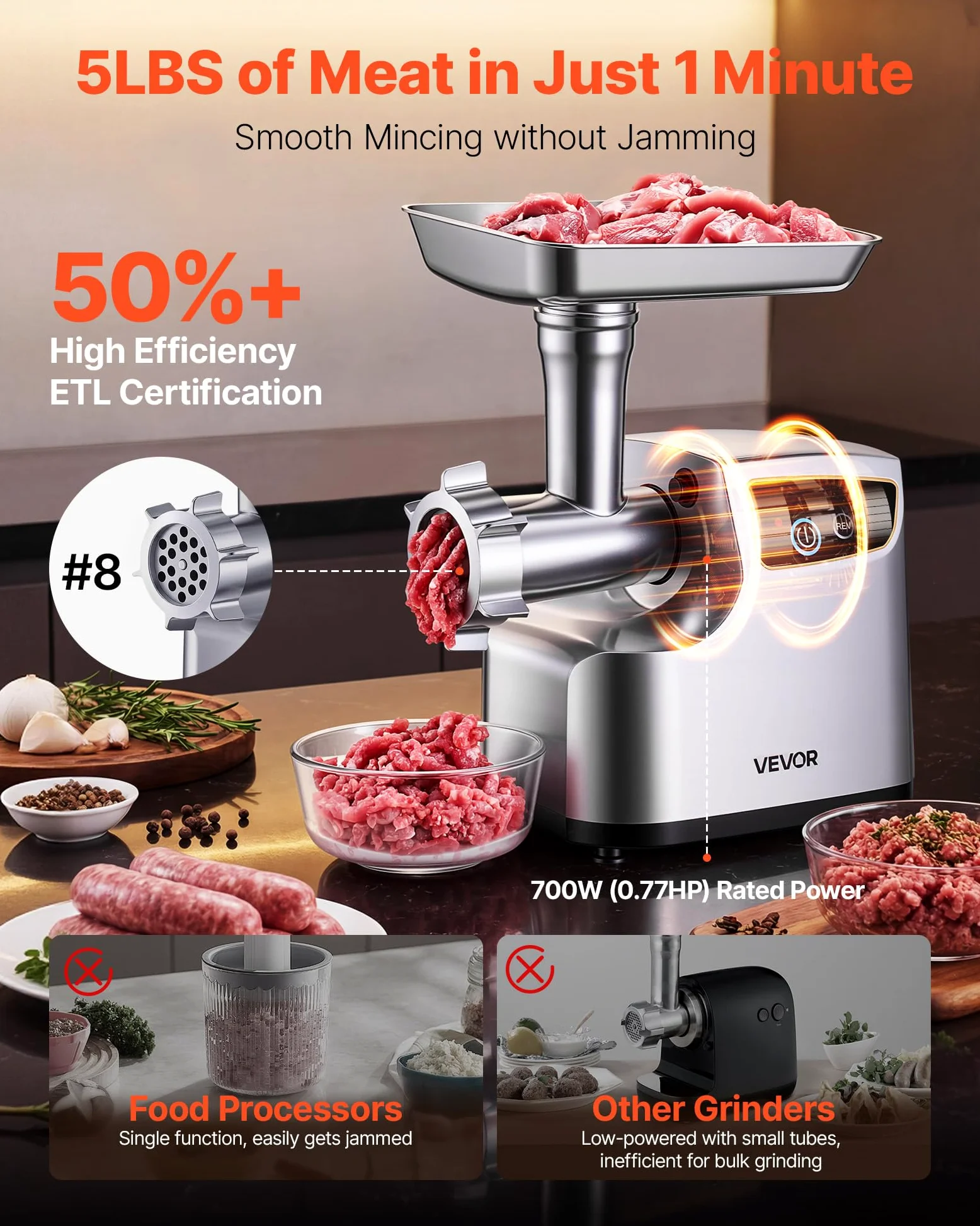 VEVOR Picadora de Carne 700 W 0,77 HP, Picadora de Carne Eléctrica Capacidad de 2,3 kg/min, con 3 Discos de Molienda, 3 Tubos de Embutir Salchichas, para Cocinas Domésticas, Restaurantes, Carnicerías