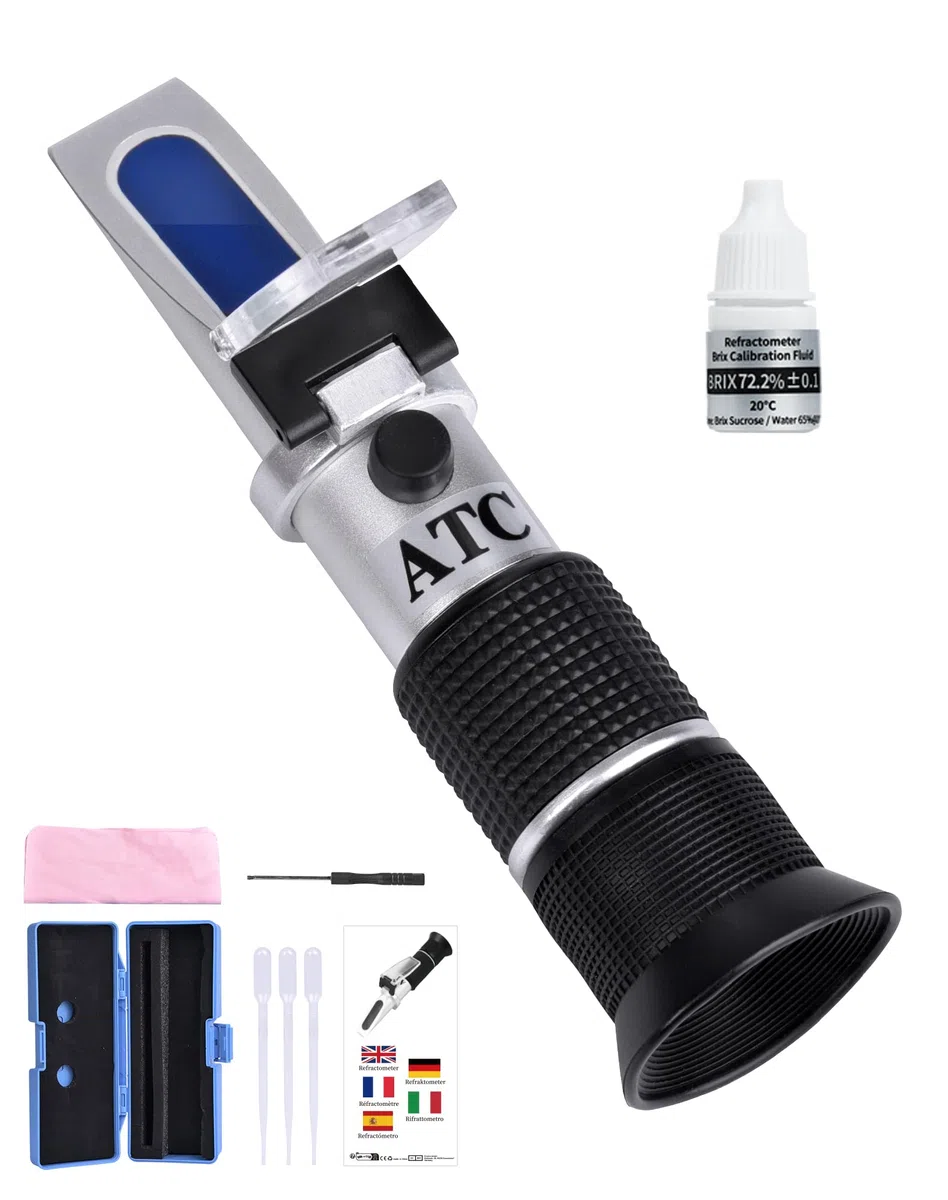 Refractómetro de miel 3 en 1 con ATC Brix 58–92 %, contenido de agua en la miel 12–27 %, Baume 38–43° Refractómetro manual para miel con solución de calibración al 72,2 % – Ideal para miel, jarabe