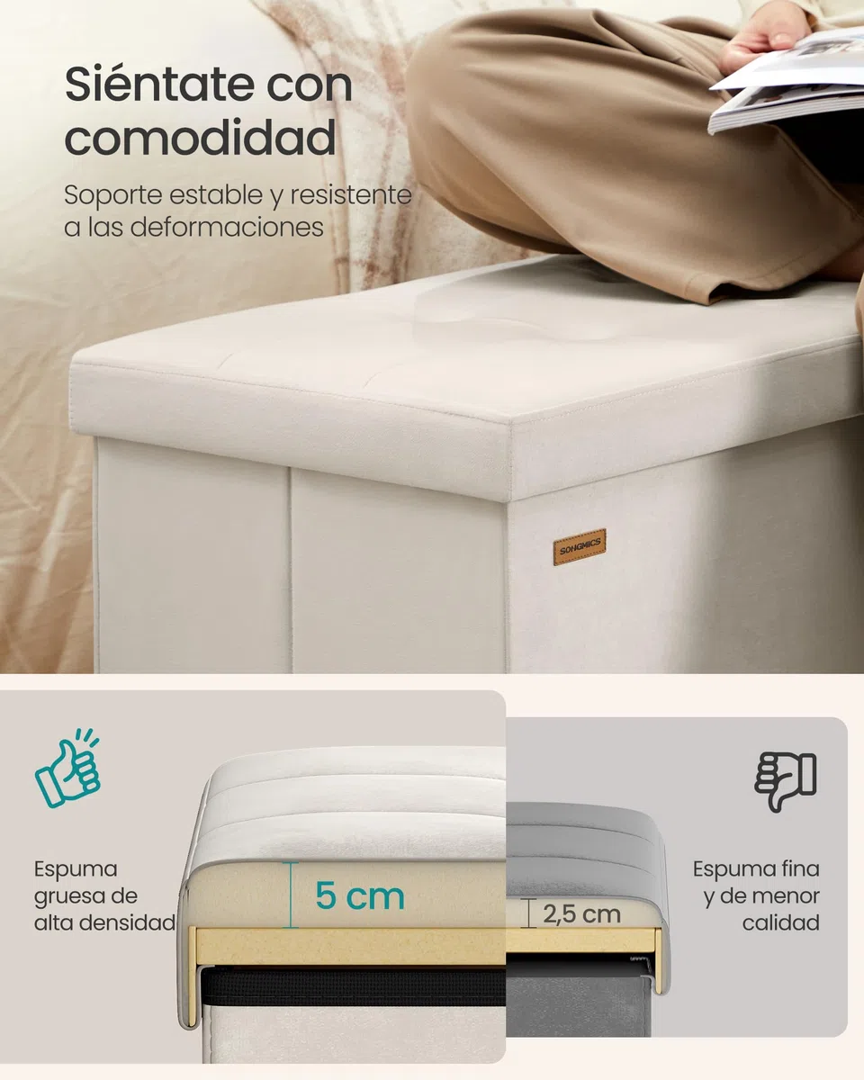 SONGMICS Puff Almancenaje, Banco Almacenaje Plegble, 38 x 76 x 38, Tapa Abatible, Taburete con Reposapiés, Carga 300 kg, Entrada, Salón, Dormitorio, Tela de Terciopelo, Beige Capuchino LSF048LH01