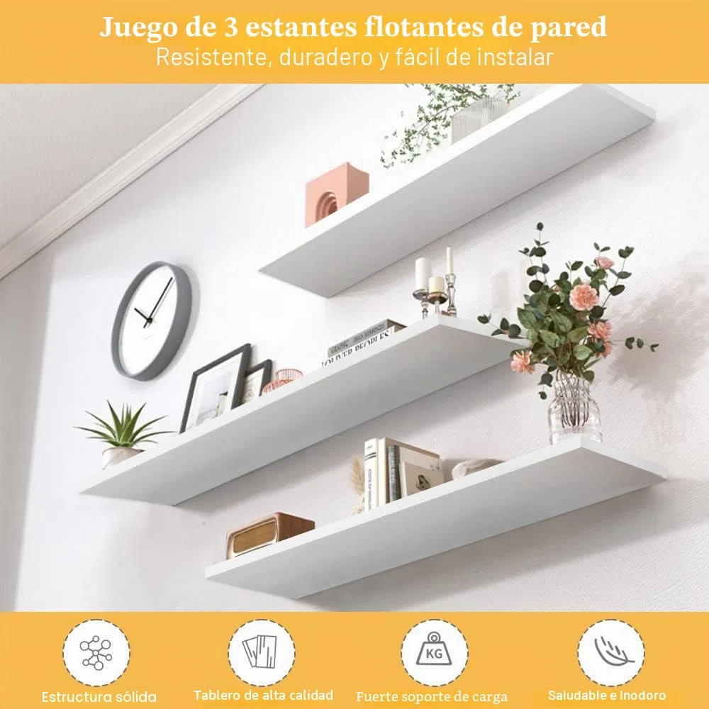 ThatsRad 3 Pzs Estanteria Flotante Pared 40 * 15 * 1,5cm Baldas Pared Blancas de MDF Estante de Pared Montaje Oculto para Libros, Fotos Estantes Flotantes Moderno para Baño, Salón, Cocina, Pasillo