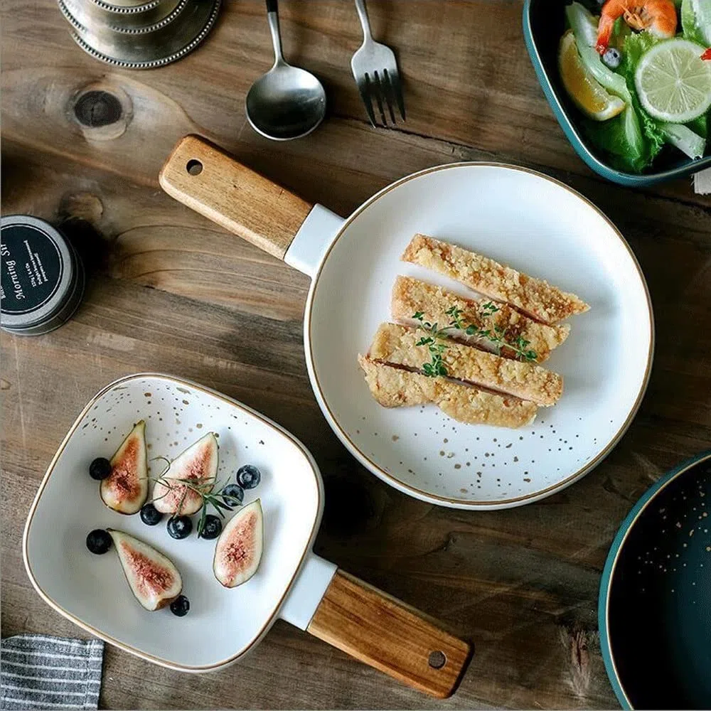 Ensaladeras Creativo cerámico mango de madera tazón nórdico pintado ensalada cuenco casero postre vajilla de fideos japonés cuenco Cuencos para Cocina (Color : A)