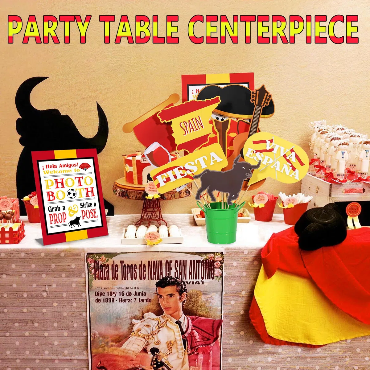Htabiol Accesorios para fotomatón de España, 37 Piezas de decoración de Fiesta española, Rojo, Amarillo, Cultura española de Dibujos Animados, cartulina, Accesorios de Cabina de Fotos de Fiesta