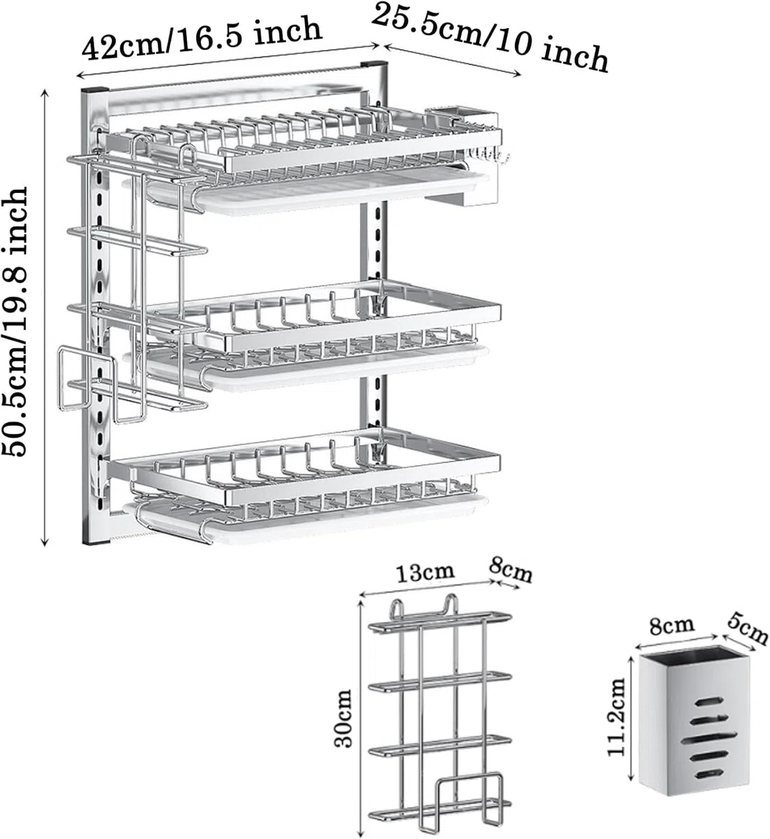 Escurreplatos de pared, con barra de 40 cm, con bandeja de goteo extraíble de acero inoxidable para colgar, plegable en portavasos, estantes