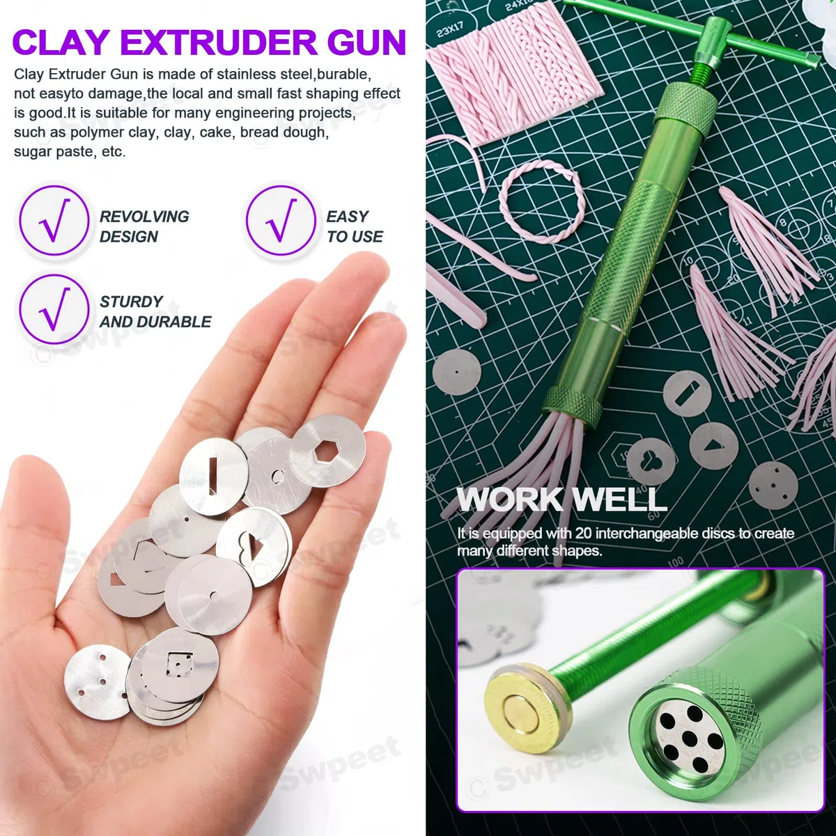 Swpeet 122 piezas de pistola extrusora de arcilla verde y molde de pastel de fondant con cortador de émbolo de galletas, decoración de pasteles, suministros de modelado