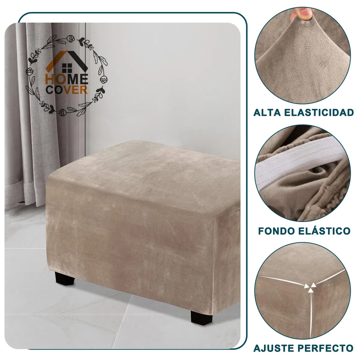 Funda Otomana Rectangular, Elasticidad Funda De Reposapiés Terciopelo Funda para Taburete Extraíble Antideslizante Funda De Puff con Parte Inferior Elástica-Gris Pardo-X-Large
