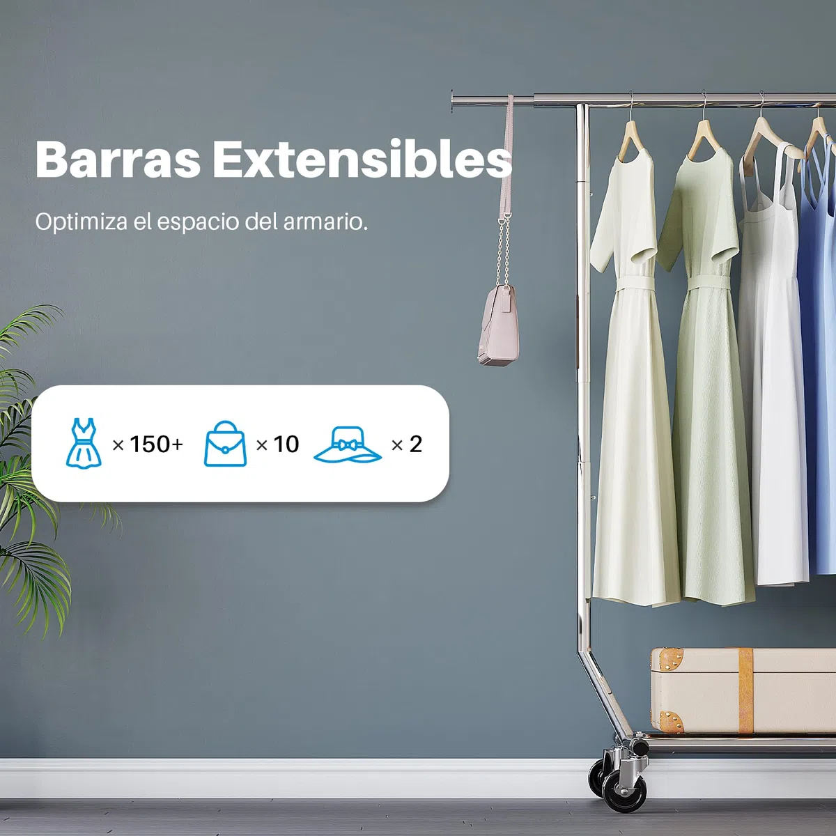HOKEEPER Burro de Ropa Resistente 136kg, Barra Extensible con Ruedas Bloqueables, Ahorra Espacio para Dormitorio, Apartamento, Lavandería