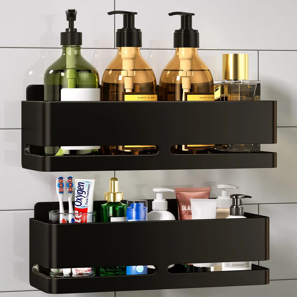 Estanteria Baño,Resistente alAguay al Oxido,2 Piezas Estanteria Ducha sin Taladro,Organizador Ducha para Champúy Gel de Baio(Negro - 2 individuo)