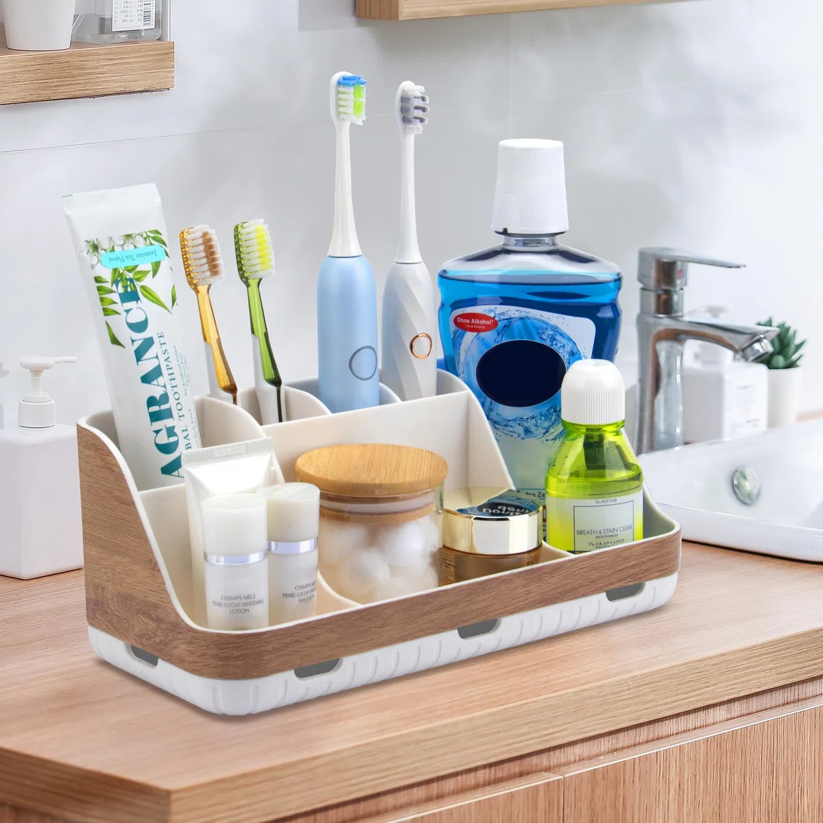 GFWARE Organizador de encimera de baño, 7 ranuras desmontables, cepillo de dientes eléctrico y pasta de dientes, drenaje para accesorios de baño, organización, mostrador, almacenamiento de fregadero,