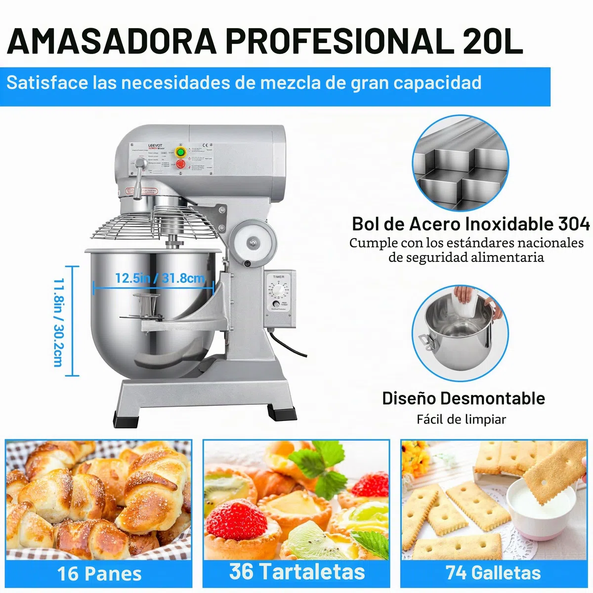 LEEVOT Amasadora planetaria comercial (1, Versión de temporizador 20L)