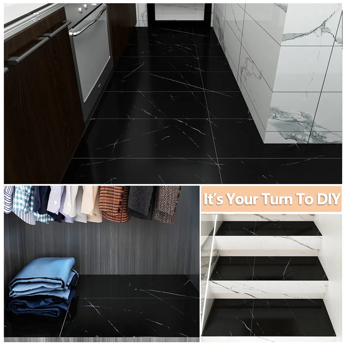 VEELIKE Pegatinas Impermeables para Baldosas de Baño Autoadhesivo Azulejos de Piso de Vinilo Negro Adhesivo para Piso de Cocina Resistente al Aceite Pelar y Pegar Retirable 12 Piezas 60cm x 30cm