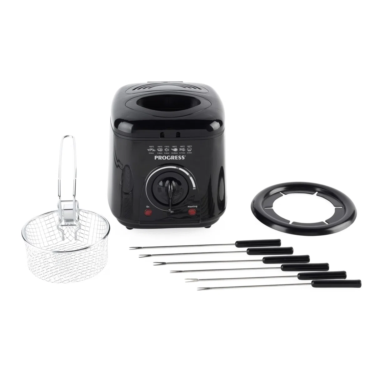 Progress Freidora y Fondue 2 en 1 – 850/950W, Cuenco Antiadherente de 1L, Temperatura Ajustable hasta 190°C, Ventana de Visión, Compacta, Cesta y 6 Tenedores de Acero Inoxidable