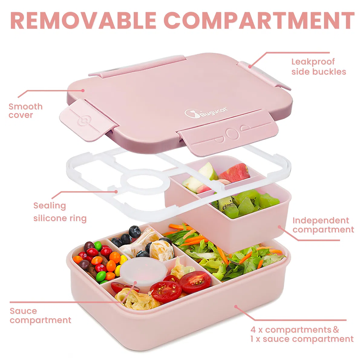 Bugucat Fiambrera 1300ML 3PCS, Bento Box Fiambrera Infantil con 5+2 Compartimentos y Cubiertos, Lunch Box Hermetico Fiambreras para Adultos Niños, Loncheras Ideal Para,Picnic,Trabajo,Púrpura,Rose