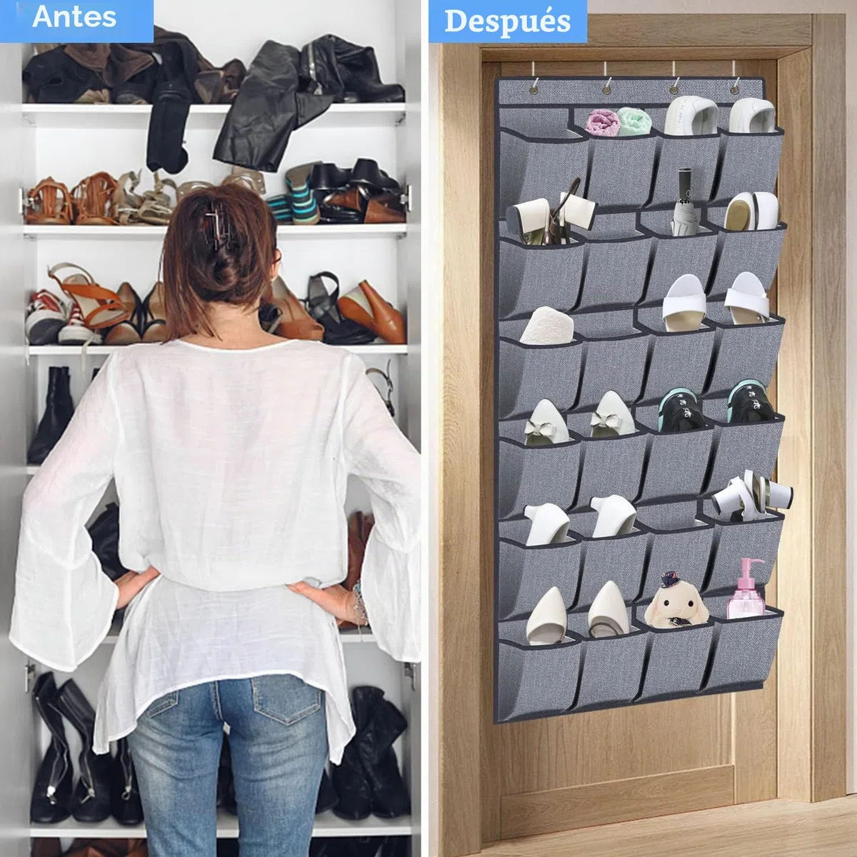 homyfort Organizador De Zapatos de tamaño grande Para Colgar De La Puerta, Zapatero Bolsa de Almacenamiento Armario Colgante, 24 Bolsillos, con 4 Colgador, Gris Lino, X3G12GP2