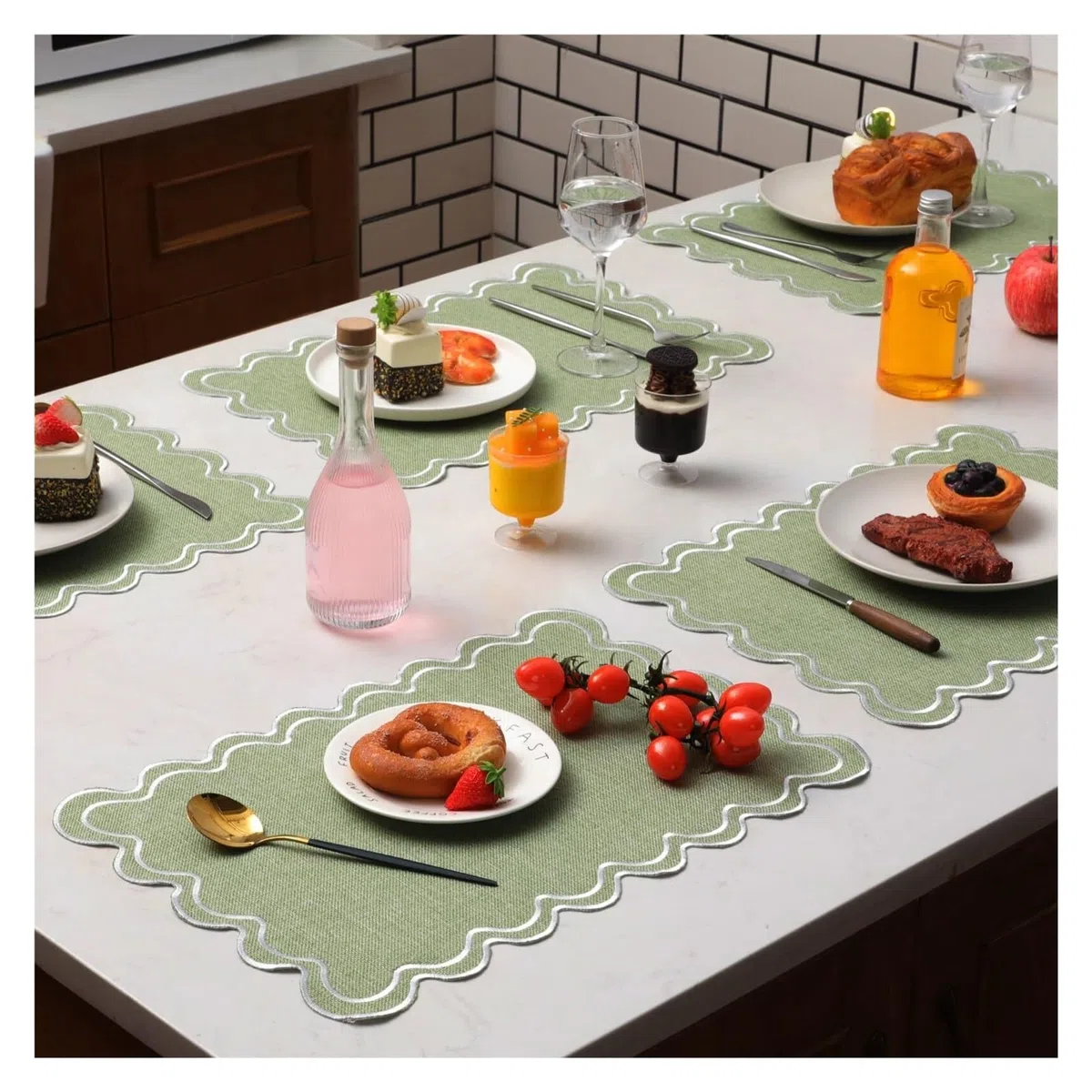 Manteles Individuales Manteles individuales de lino y algodón, manteles con bordado ondulado festoneado 13x19 pulgadas, rectangulares rústicos lavables for mesa cena for Cocina(Light green,STRIP_6PCS)