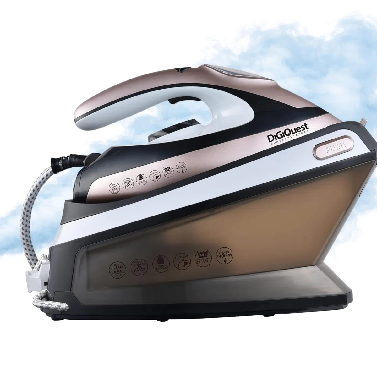 Digiquest Plancha de 2400 W con caldera y placa de cerámica con pantalla LED, depósito transparente, recarga de agua continua, golpe de vapor (2400 W caldera)