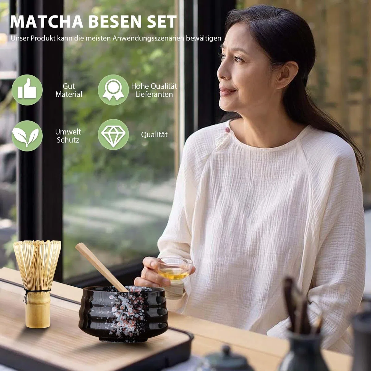 BAIFULAI Juego de 5 Matcha, juego de té matcha, juego de batidores Matcha, cuenco de cerámica, cucharilla, soporte para batidor, accesorio japonés para ceremonia matcha
