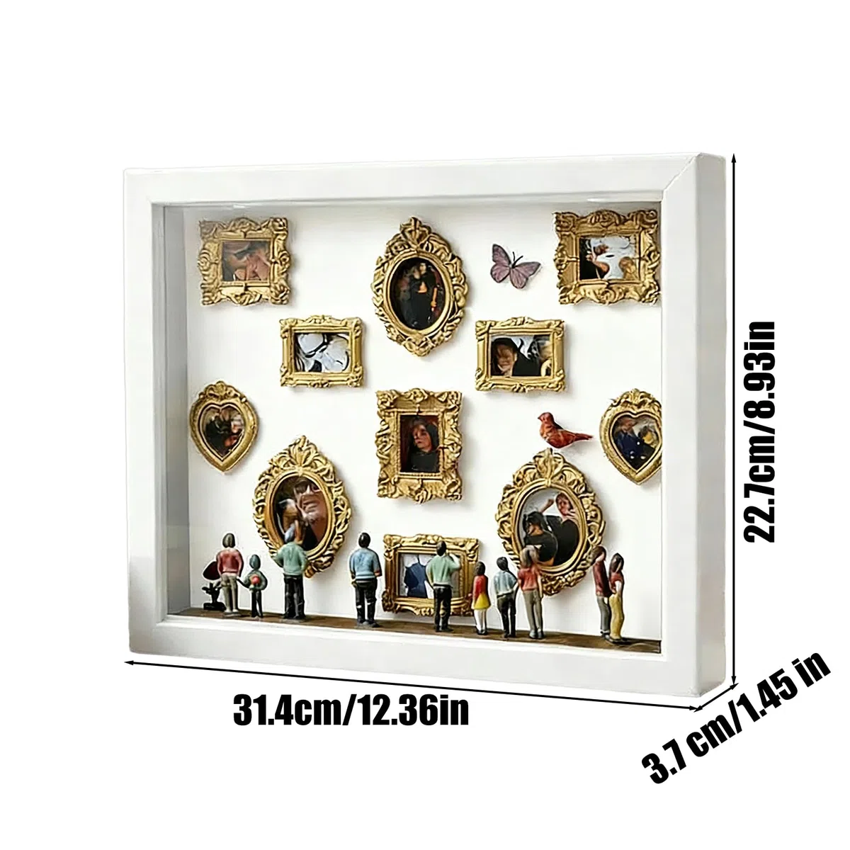 Genérico Marco de Museo Miniatura,Vitrina para Fotos con Luz y Silueta - 11 Piezas de Marcos Miniaturas con 8 Figurillas - para Decoración del Hogar, Bodas y Cumpleaños Familiares