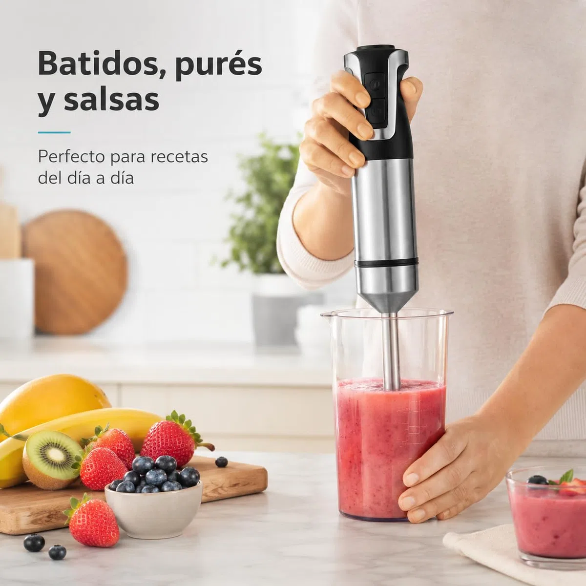 Batidora de Mano 1000W, Batidora Eléctrica con 2 Velocidades y Turbo, Pie Desmontable, Cuchillas de Acero Inoxidable, Diseño Ergonómico, Apta para Lavavajillas, Uso Diario para Sopas Purés y Salsa