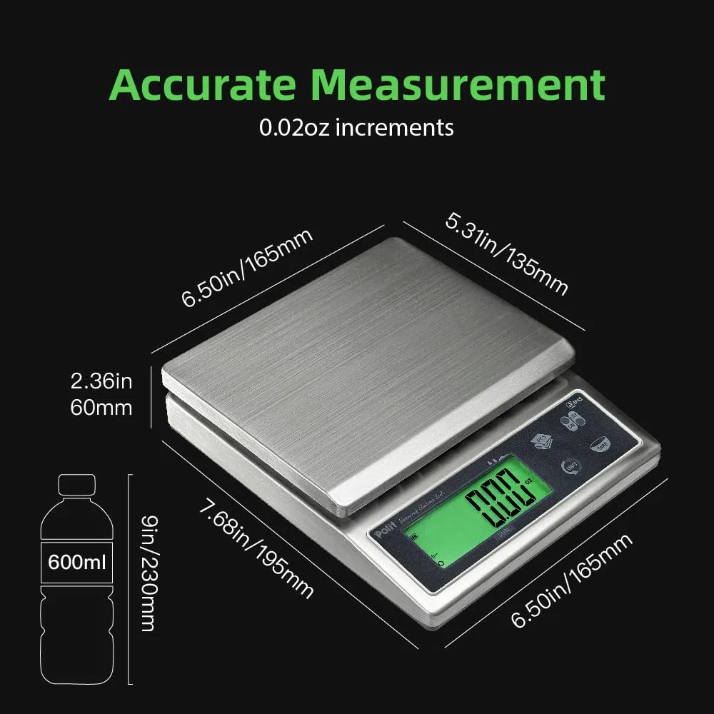 Polit Báscula digital de cocina para alimentos, 13 libras/6 kg, 0,5 g, precisión de 0,5 g, acero inoxidable impermeable con pantalla LCD, recargable, 5 unidades de peso (adaptador de corriente