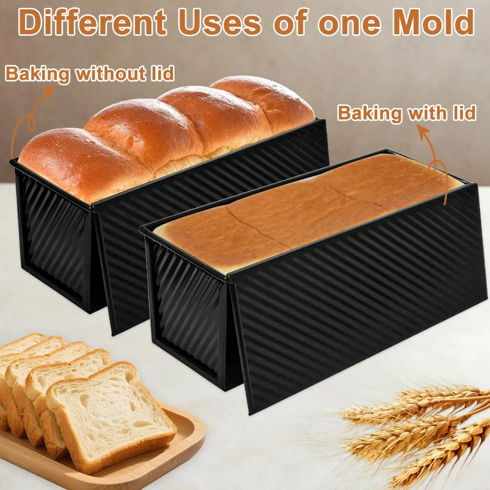 Moldes Para Pan Con Tapa Masa de 1000g, Antiadherente Grande Molde Para Pan De Molde Con Tapa, Molde Pan De Molde Acero Al Carbono Corrugado Para Hornear Tostadas, Pan, Pasteles y Sándwiches