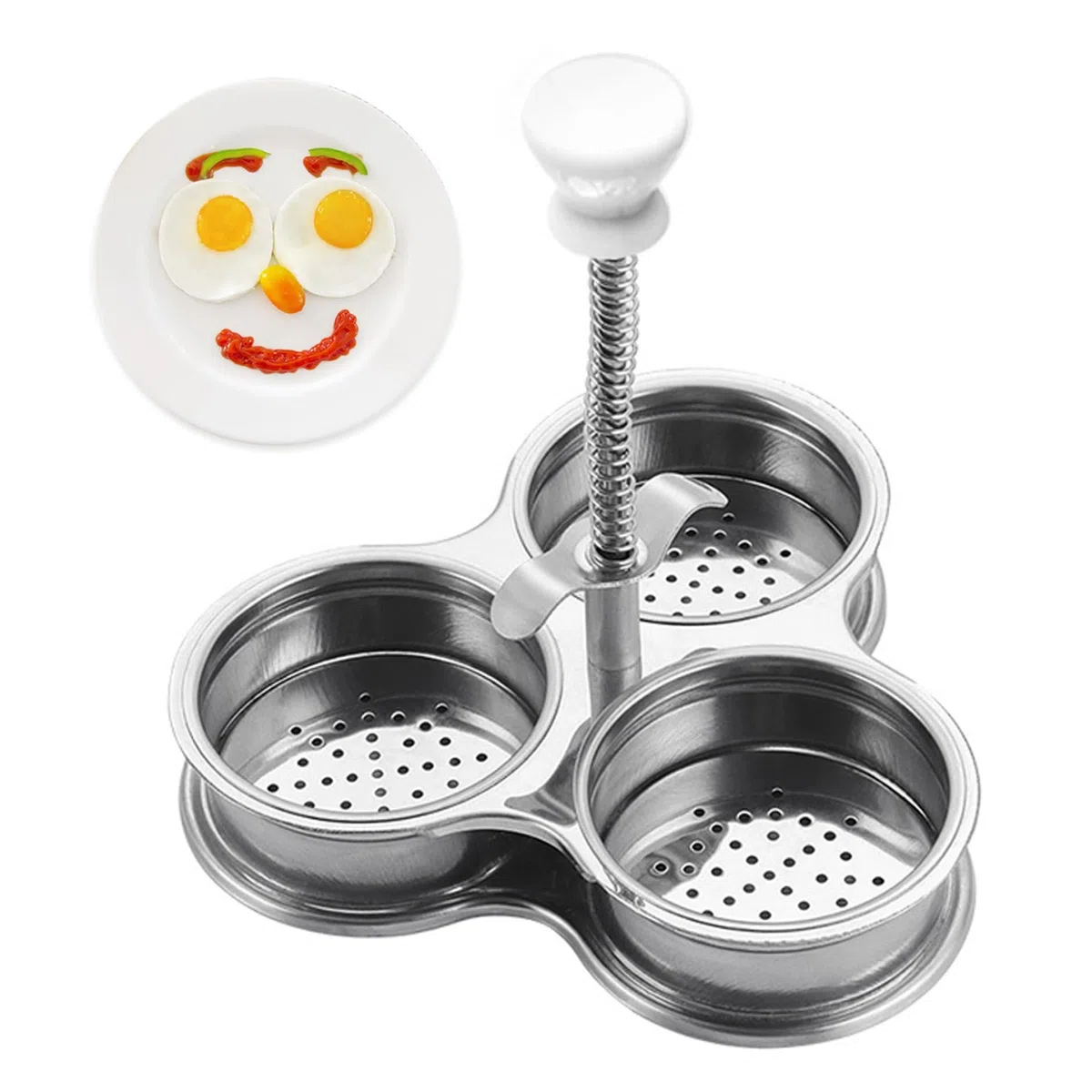 Poacher de huevo de acero inoxidable cocina de huevo escalfado con 3 tazas para herramienta de cocción para el desayuno, cazador furtivo de acero inoxidable