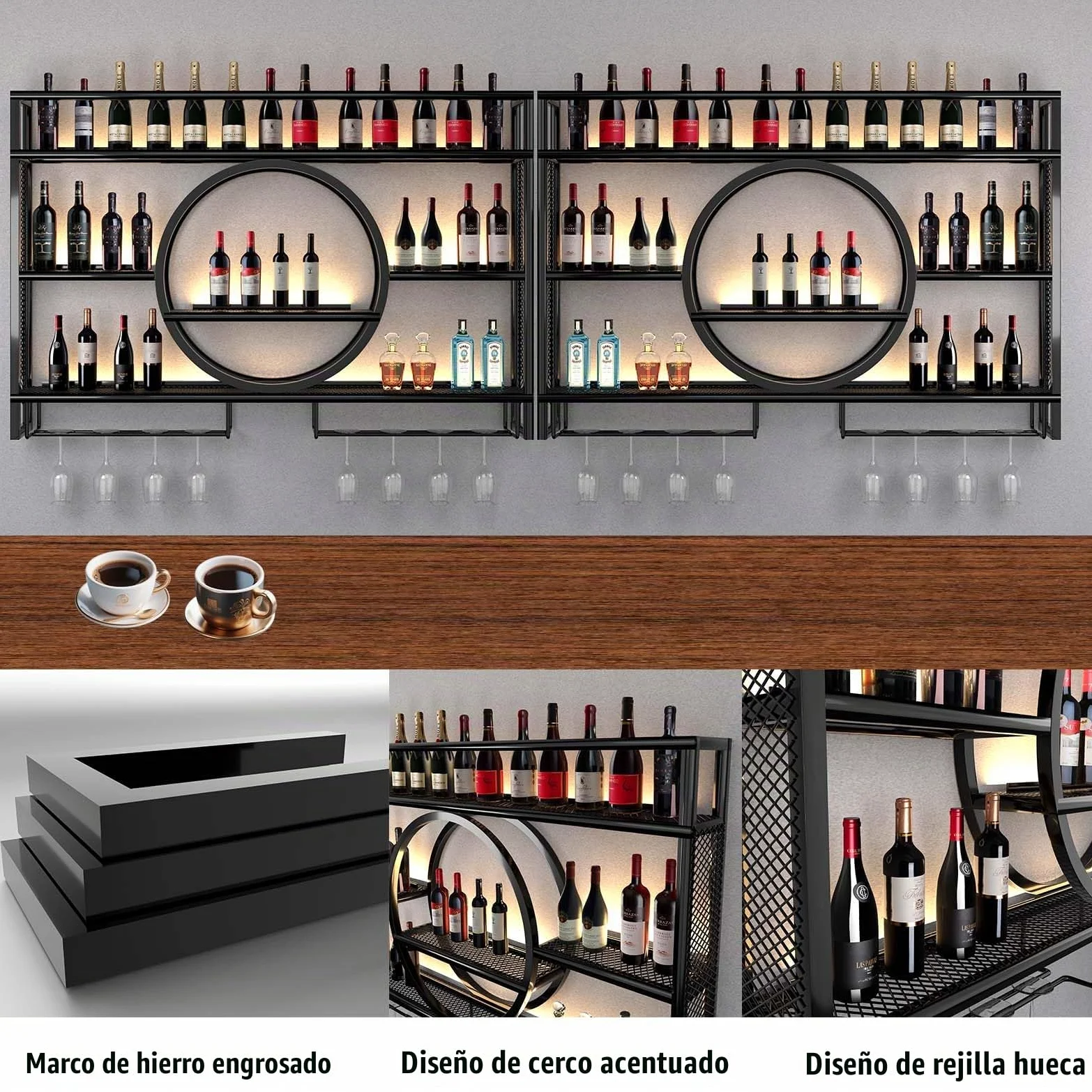 Estantería industrial para vino montada en la pared, soporte flotante para exhibición de vino con LED y rayas de sombreado, estantería multifuncional para el hogar, restaurante, bares (Black, 120CM)