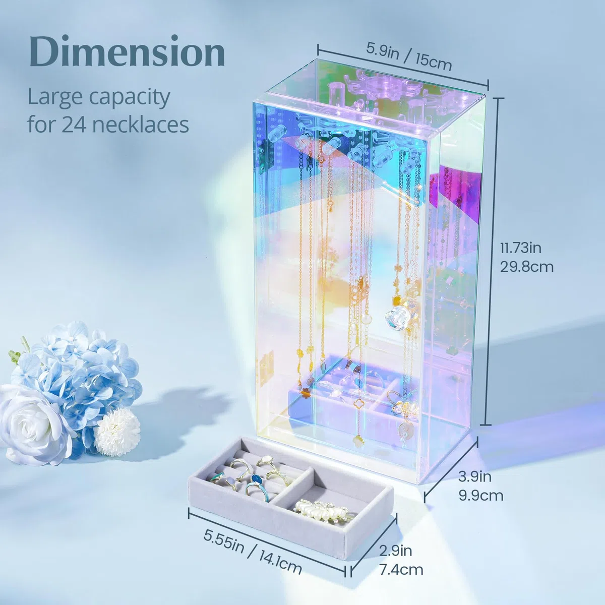 Lolalet Soporte Acrílico para Joyas, Caja Organizadora de Joyas Transparente Anti polvo con 24 Ganchos Estante para Almacenamiento para Collares con Bandeja de Terciopelo -Espejo Laser