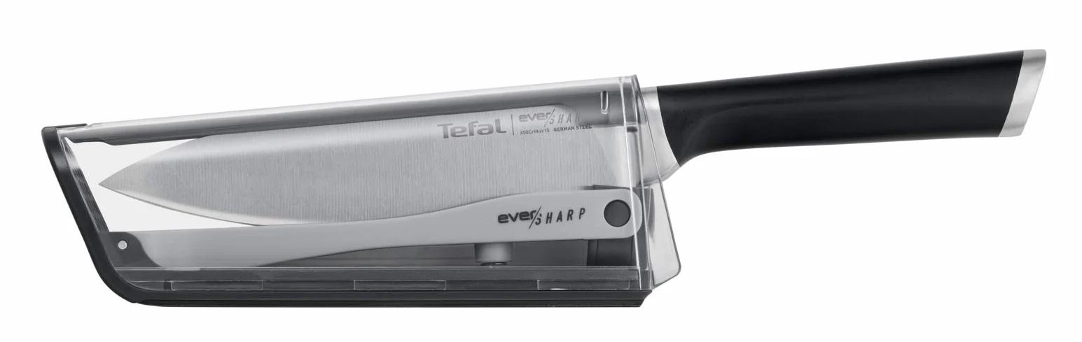 Tefal Ever Sharp - Cuchillo chef 16.5 cm, afilador integrado en la funda, tecnologia de afilado doble pivote, sistema bloqueo seguro, acero inoxidable alemán K2569004