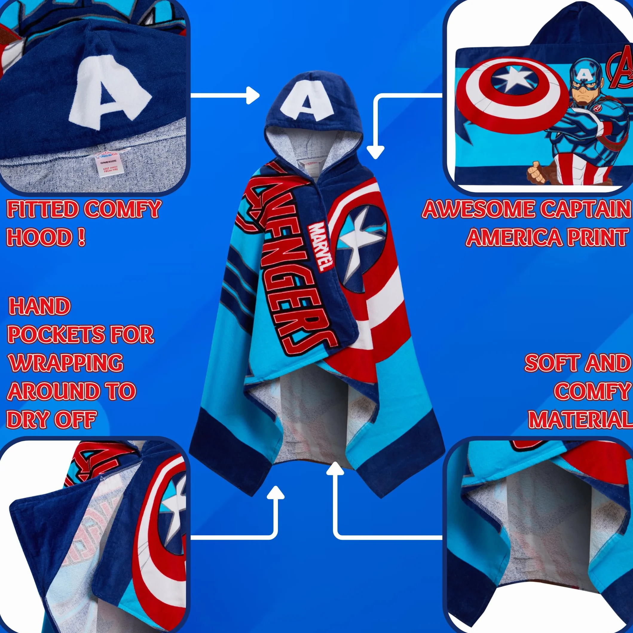 Toalla con capucha Captain America 100% algodón Marvel Avengers Poncho Toalla de playa para niños Toalla de baño Bata de baño para chicos