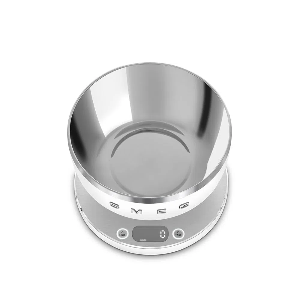Smeg. Báscula de cocina digital blanca mate, medición precisa, acero inoxidable, uso doméstico. Capacidad de hasta 5 kilogramos