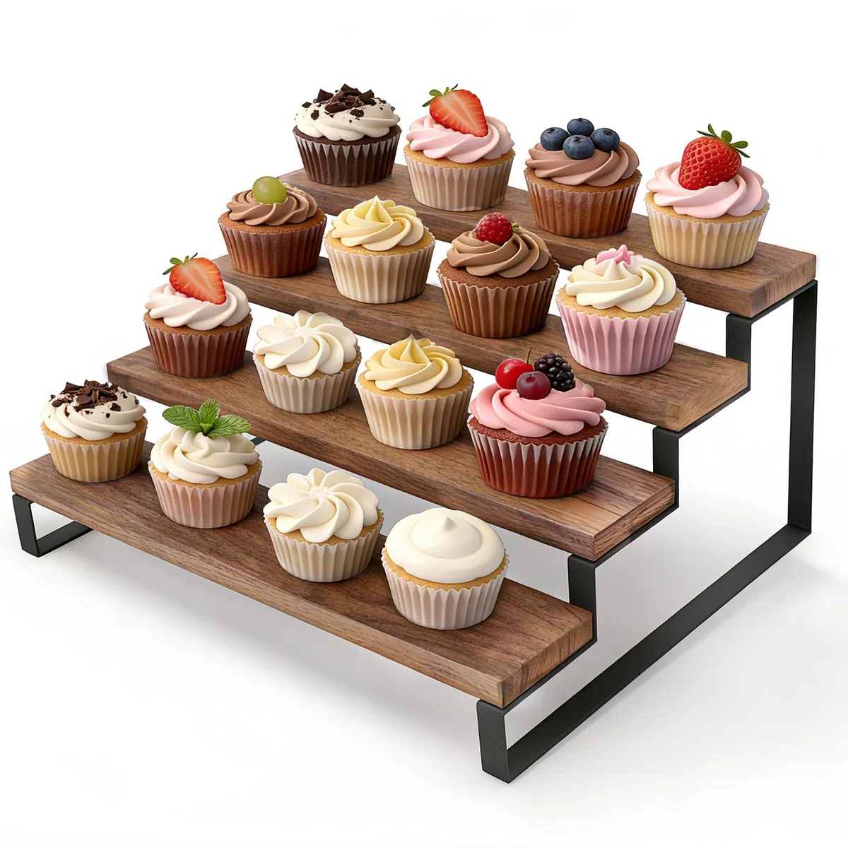 Soporte Tarta, Bandejas para Tartas de 4 Niveles para 16 Cupcakes, Expositor Madera para Torta, Torre de Árbol de Postre para Bodas Cumpleaños Fiestas Pausas de Café, Celebraciones Familiares