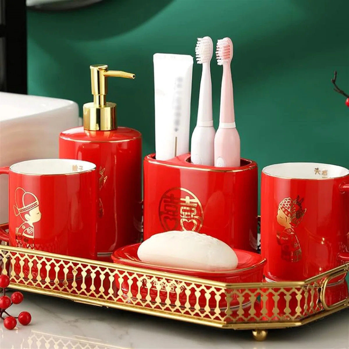 Dosificador de jabón Accesorios de baño Conjunto de cerámica Cerámica de 6 piezas Rojo - Kit de decoración de baño incluye dispensador de jabón Soporte de cepillo de dientes Soporte de cepillo de vaso