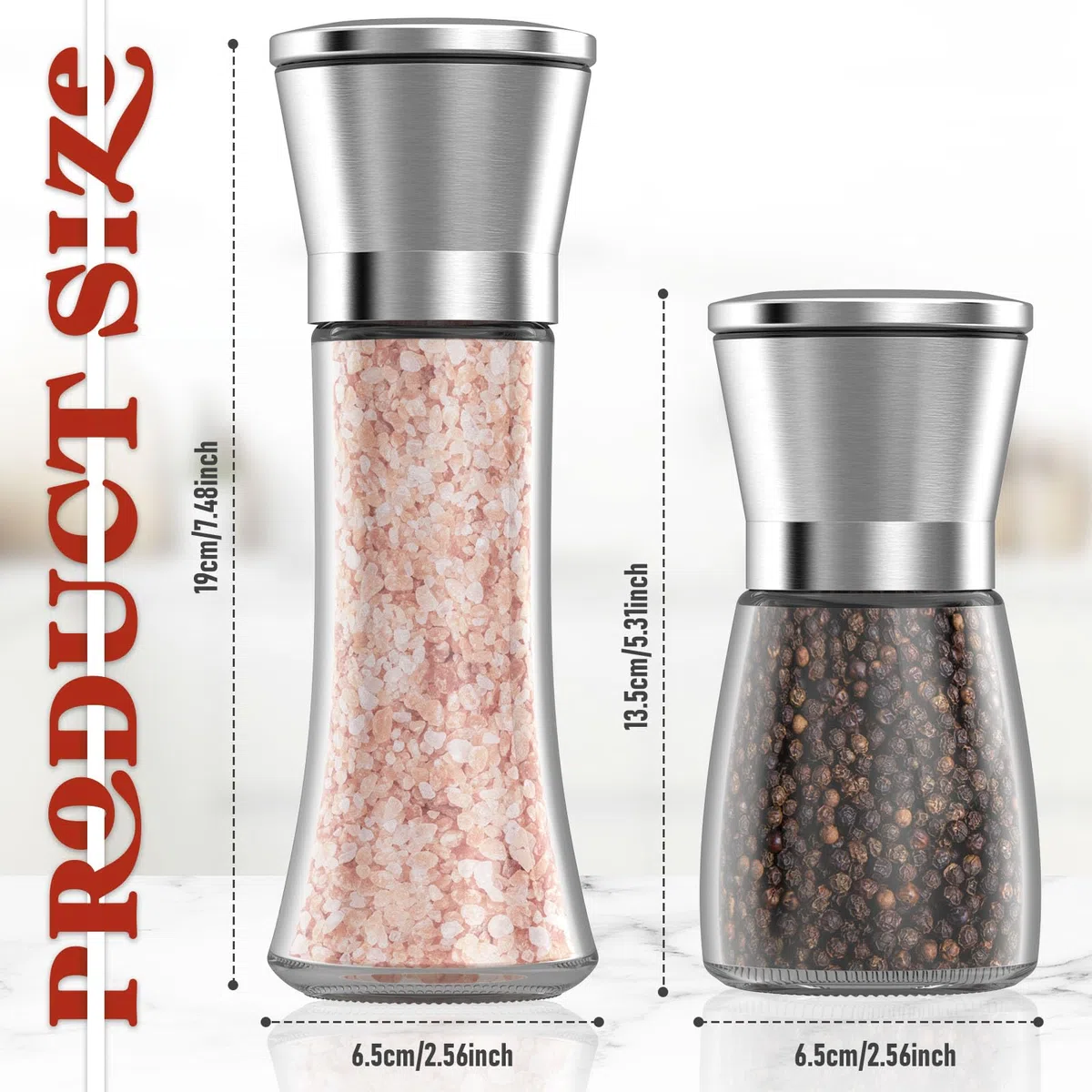4 Piezas Molinillo de Especias,Salero y Pimentero Ajustable Spice Mill Set,Acero Inoxidable y Vidrio,Núcleo Abrasivo Cerámico,Ideal para Moler y Rellenar Sal,Pimienta y Chile