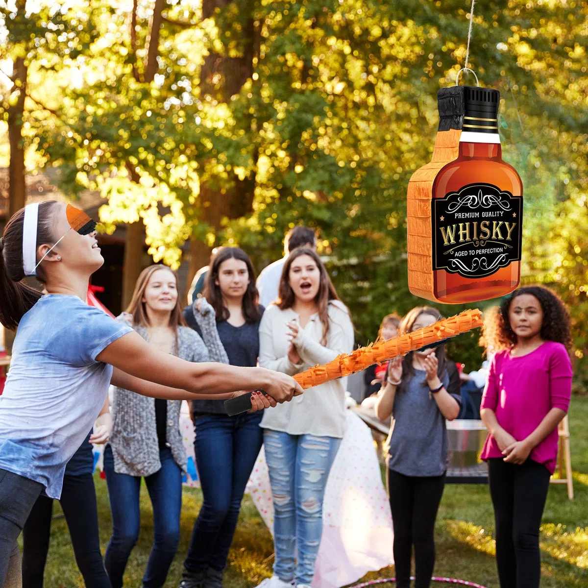 Panelee Piñata con Palo Venda de Ojos Borla Confeti para Adultos Piñata de Jarra Cerveza Botella Tequila Whisky Champán para Despedida Soltero Cumpleaños (Whisky)