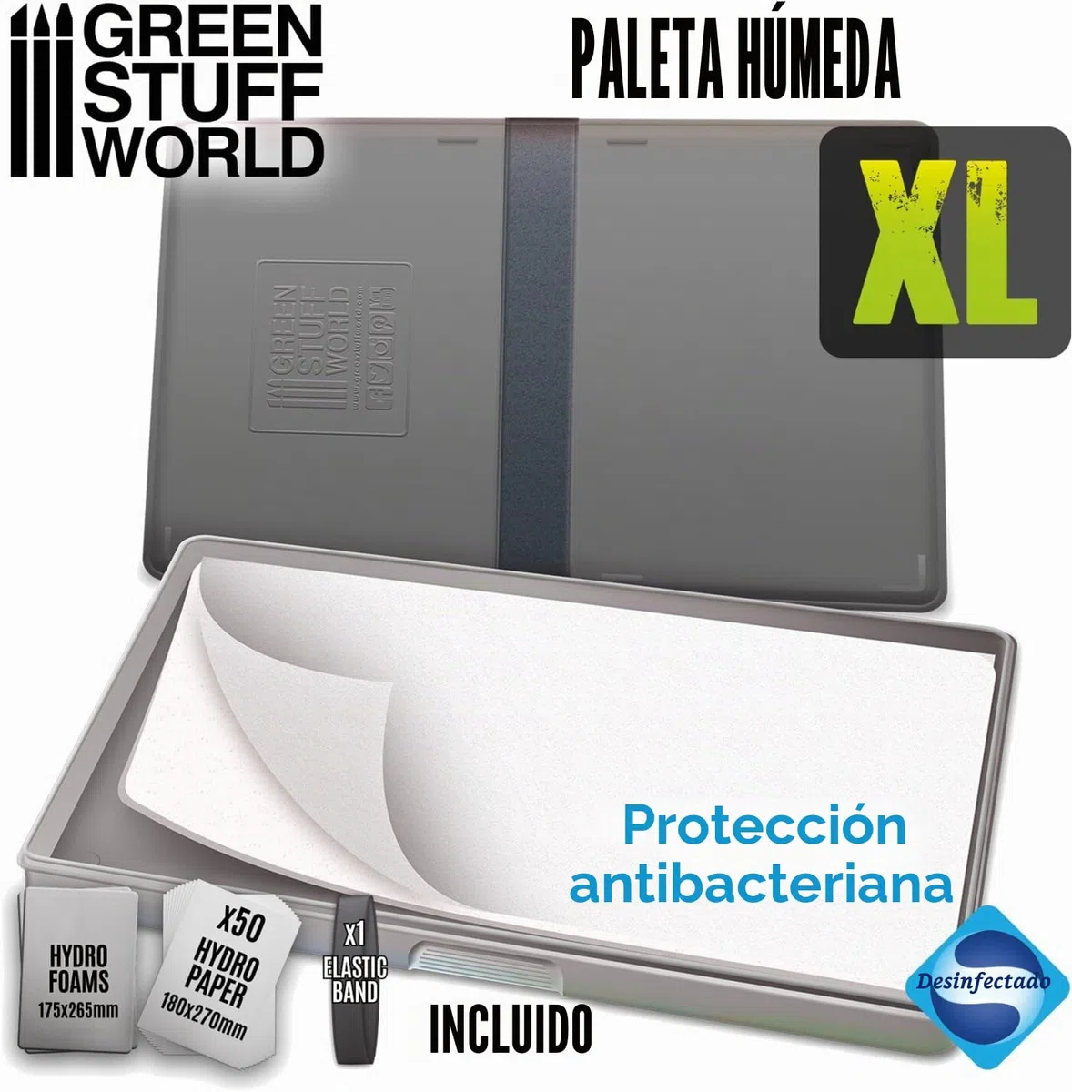 Green Stuff World Paleta Humeda XL Grande- Wet Palette XL Antibacteriana para Pintar Figuras Miniaturas con Pintura acrílica