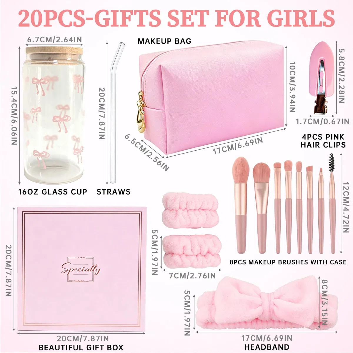 rosa Caja de regalo para niñas adolescentes 9-16 años, set de regalos de cumpleaños con vaso de vidrio, pajita, tapa, brochas de maquillaje, neceser, horquilla, conjunto de diademas